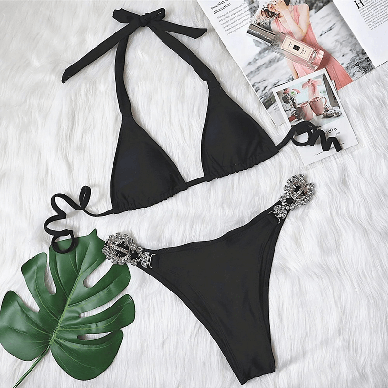 Sexy women's side rhinestone beach bikini set, low waist, black with rhinestone details, perfect for stylish summer beachwear.